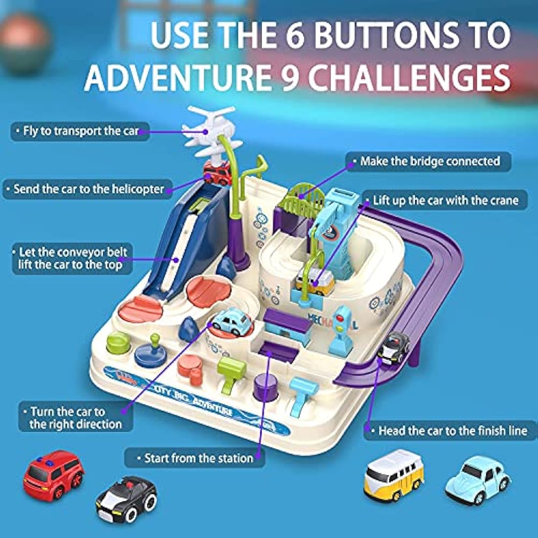 TODARRUN Car Adventure Toys,Cars Race Track Toys with 4 Toy Vehicle,Preschool Educational & Interactive Toy for Toddlers 3 4 5 6 7 8 Year Old Boys Girls
