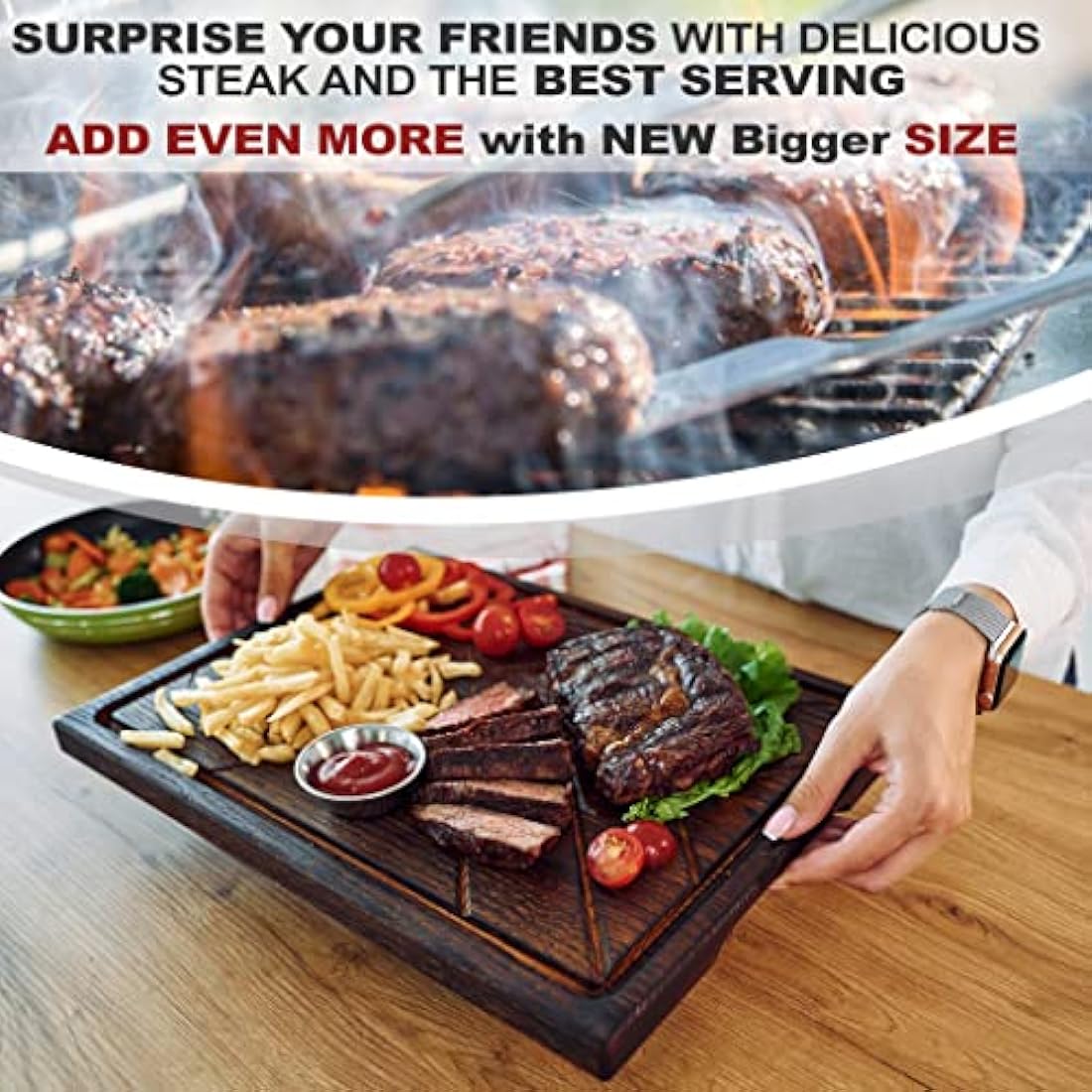 Wooden Steak Board 16 x 12 - Steak Serving Board - Solid Oak Cutting Board - Steak Chopping Board - Steak Platter - Natural Carving Board (Extra Large)