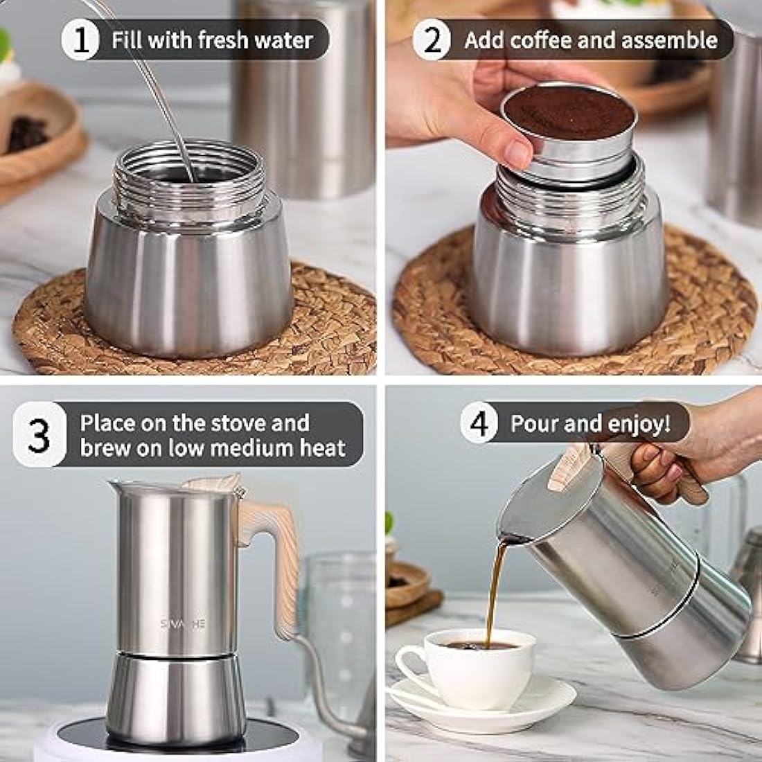 Sivaphe Moka Pot Espresso Maker, Stovetop Coffee Makers, Induction Hob Stainless Steel 6 Italian Cup 300ml 1-2 Mug
