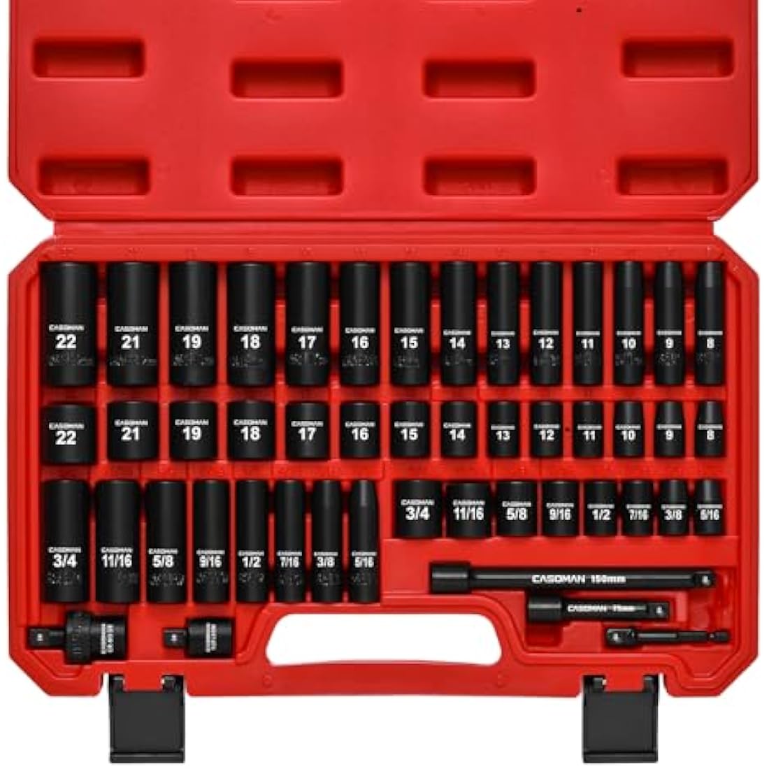 CASOMAN 3/8" Drive Impact Socket Set, 49 Piece Standard SAE and Metric Sizes (5/16-Inch to 3/4-Inch and 8-22 mm), 6 Point, Cr-V Steel Socket Set