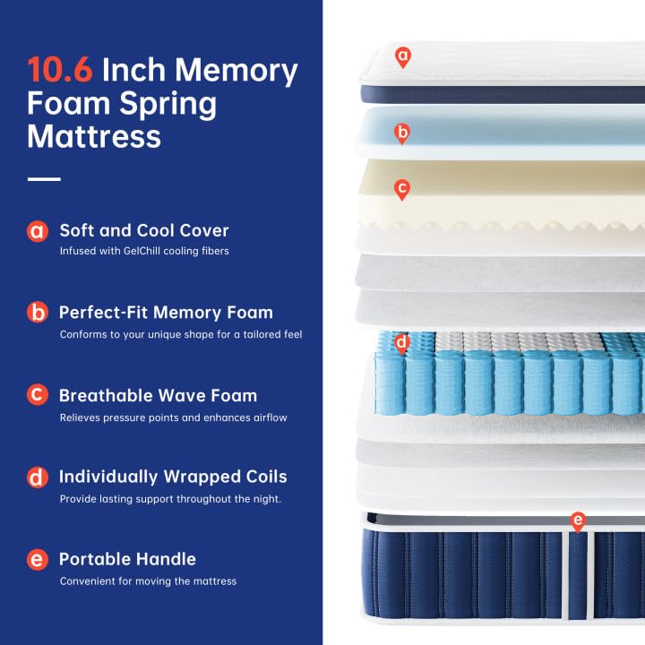 TeQsli 5ft King Mattress Memory Foam Pocket Spring Hybrid 150x190x27 cm