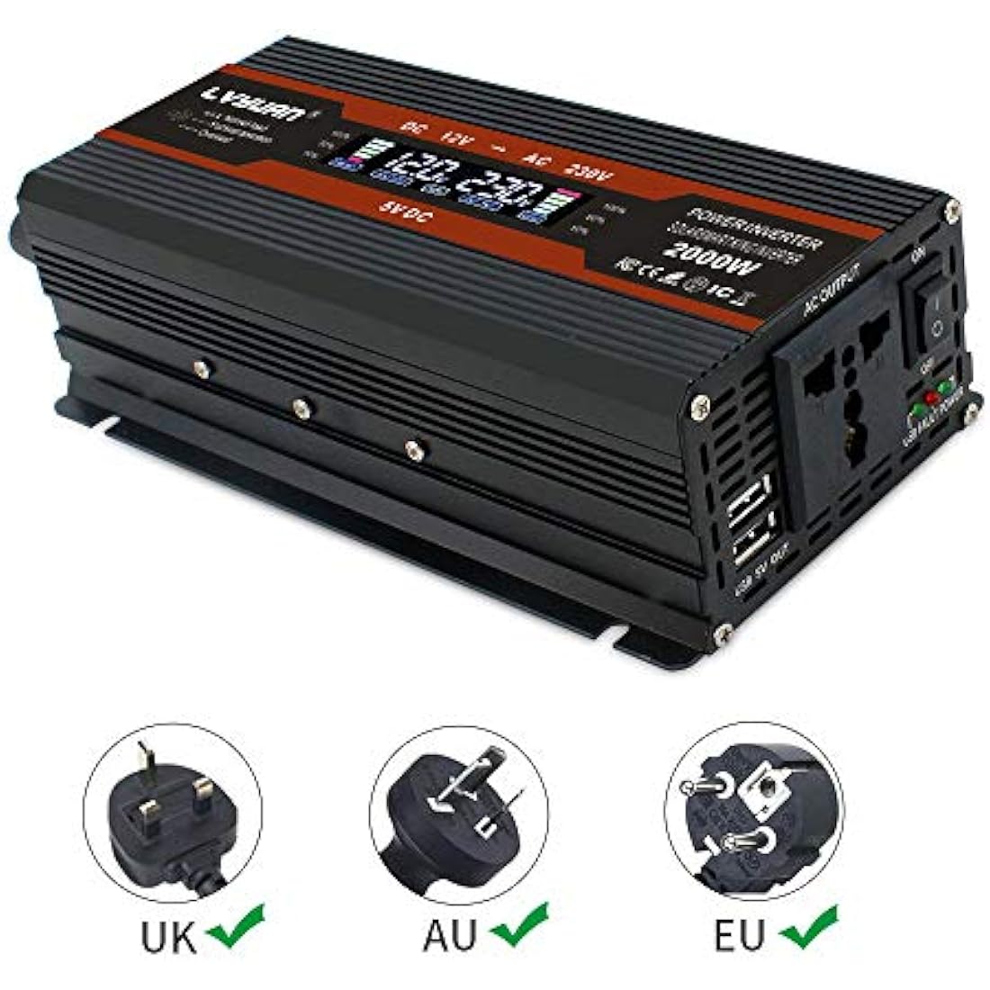 Cantonape 1000W Power Inverter DC 12V to 230V 240V AC Car Converter 12V Inverter with 12v Cigarette Lighter, 2 USB, universal Sockets Car Adapter and LCD Display, (peak 2000W<10ms)