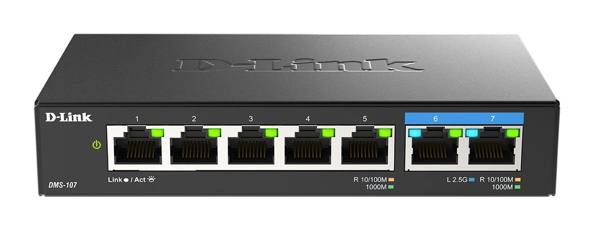 D-Link DMS-107/B 7-Port Multi-Gigabit Unmanaged Switch with Two 2.5G and Five Gigabit Ports, Fanless, Low Profile, Compact, Metal Housing, QoS, Plug