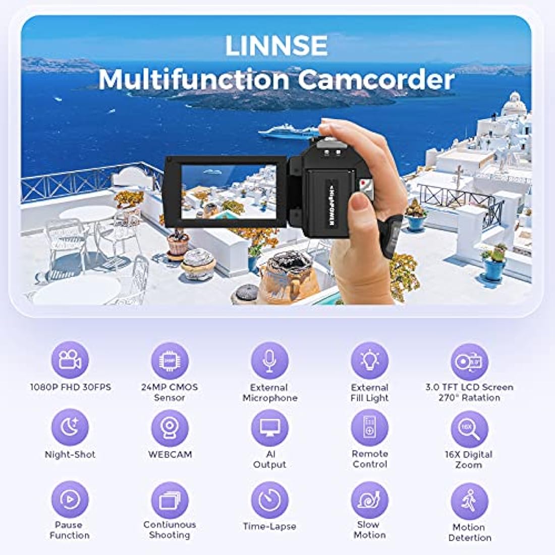 Sunscien Video Camera Camcorder, Full HD 1080P Digital YouTube Vlogging Camera Recorder,Video Camera 30FPS 3.0 Inch LCD 270 Rotatable Degrees IPS Screen with Remote Control 2 Batteries