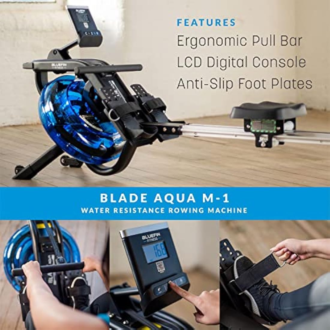 Bluefin Fitness Foldable Rowing Machine | Blade Aqua W-1 - Water Resistance Rower | Blade Aqua M-1 Water Resistance Rowing Machine | LCD Digital Fitness Console | App Integration | Home Gym Workout - Lose Weight and Build Muscle