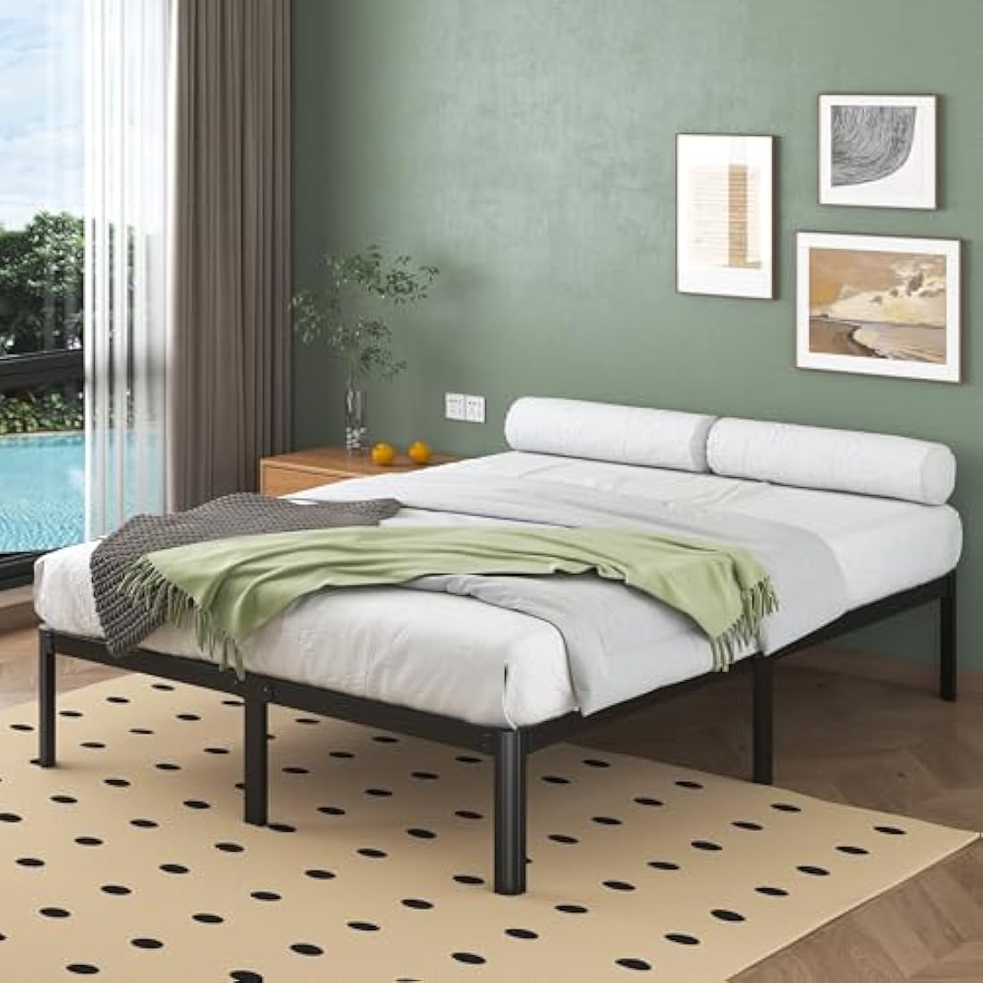 Lutown-Teen 4ft6 Double Bed Frame 30.5 cm High with Rounded Corner Legs, Heavy Duty Metal Bed Frame Double 4ft 6 with Steel Slats Support, Noise Free, Easy Assembly, Black
