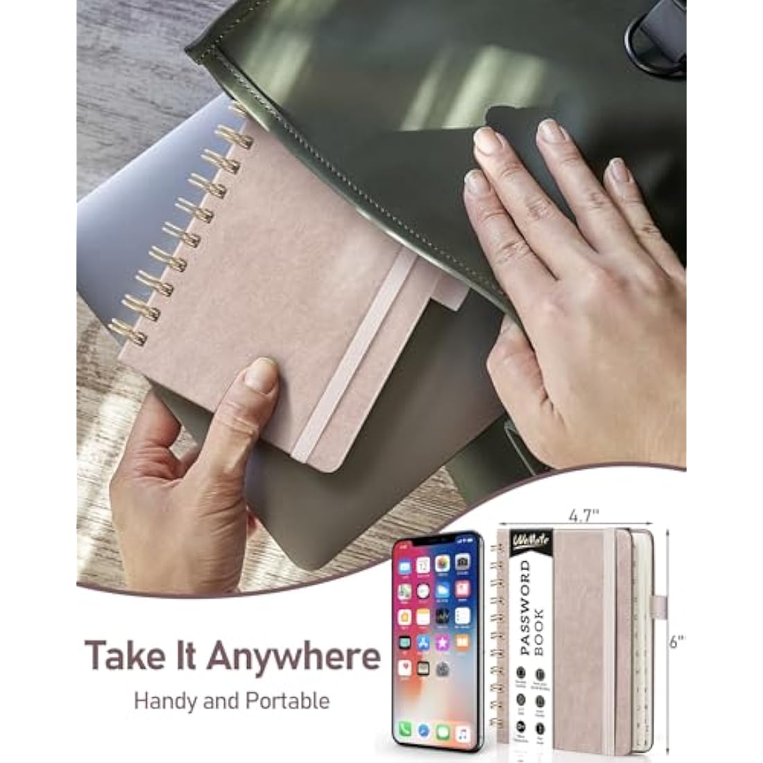 WEMATE Spiral Password Book with Alphabetical Tabs, Small Password Keeper Book for Seniors, Internet Password Notebook Hardcover Password Journal logbook – 12 x 15cm (Dusty Rose)