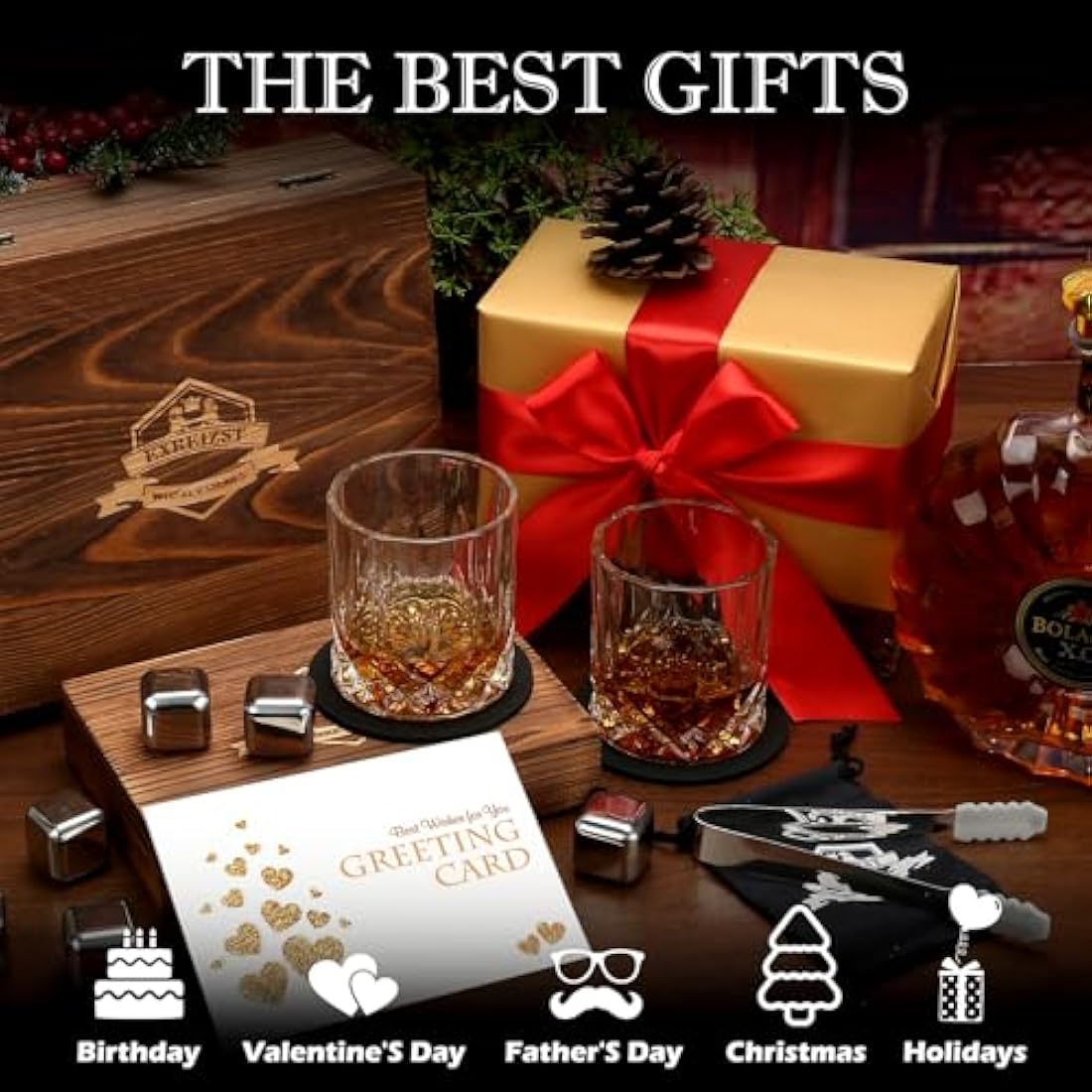 Whiskey Stones, Whiskey Glass Gift Set, Whisky Rocks Chilling Stones in Handmade Wooden Box– Cool Without Dilution – Whisky Glasses Set of 2, Gift for Dad, Husband, Men (Round2)