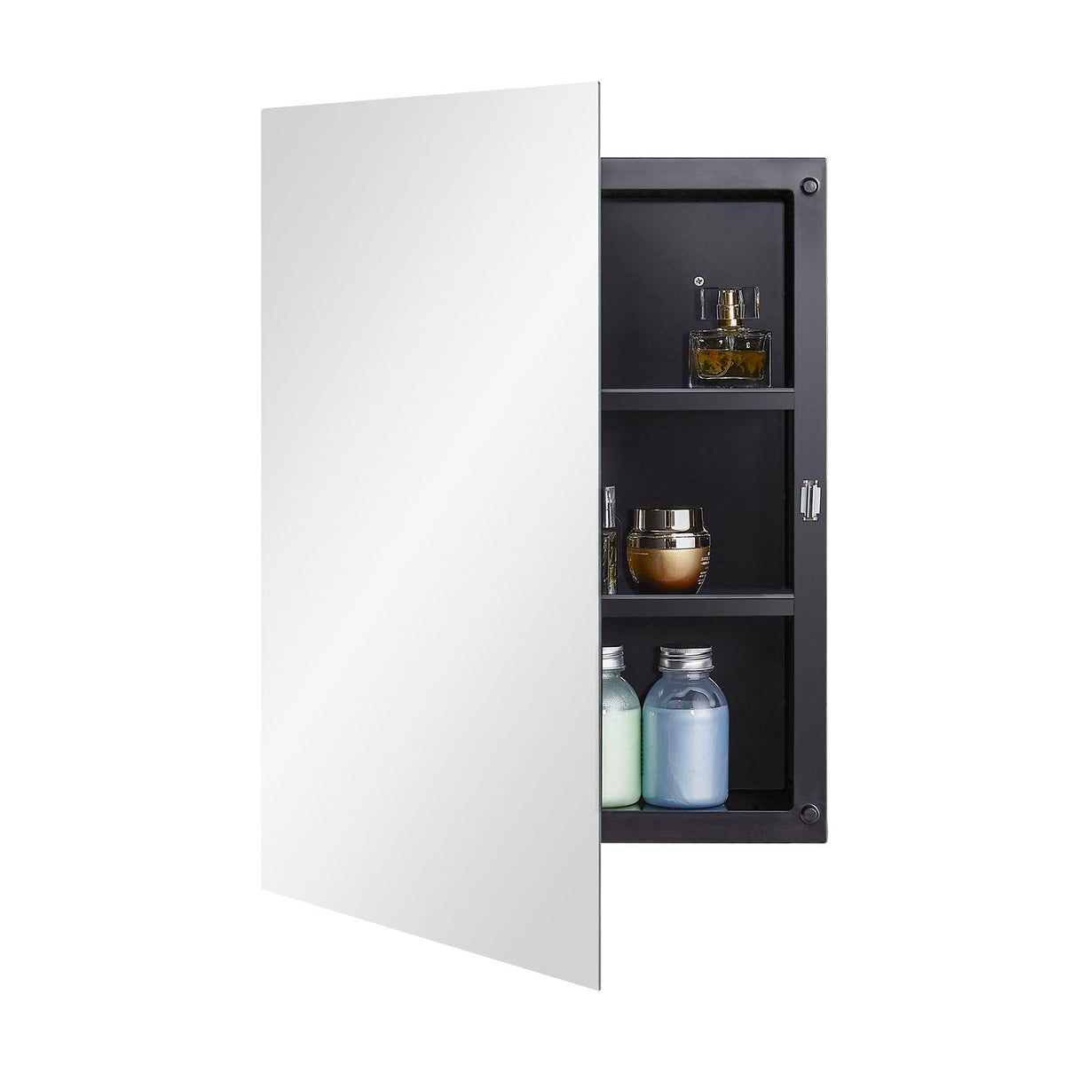 Fundin Black Plastic Mirror Cabinet with Polished Edge Mirror Door, Recessed and Surface Mount, 40 x 56 cm
