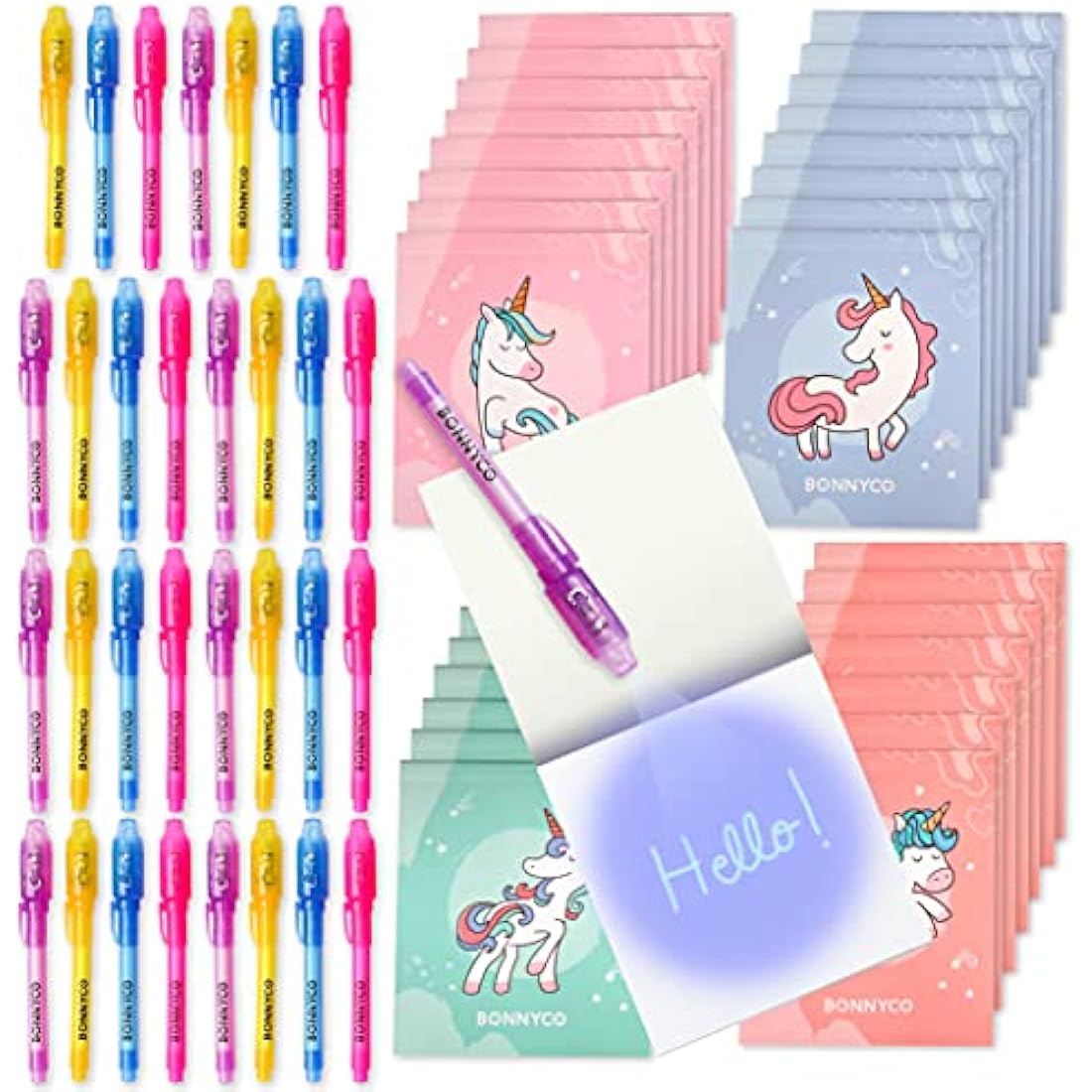 BONNYCO Invisible Ink Pen and Notebook, Pack 32 Unicorns Party Bags Filler & Pinata Toys | Unicorn Birthday Decorations | Stocking Fillers for Kids Birthday | School Prizes & Gifts for Children