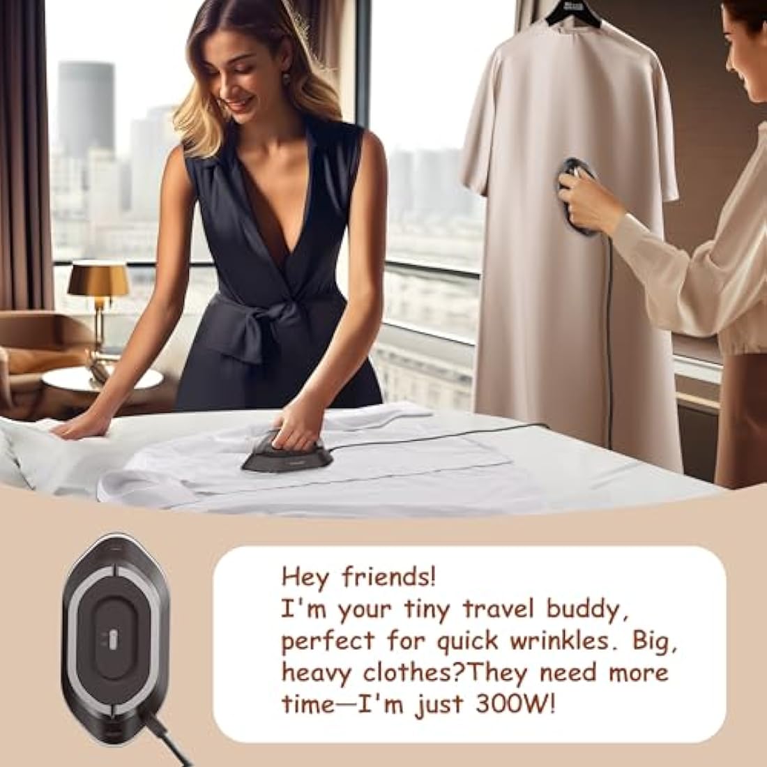 Newbealer Travel Iron - Mini Iron with Dual Voltage-220V/120V for Clothes, Compact Iron with Small Pouch for Global Travel, Quilting & Sewing, Brown