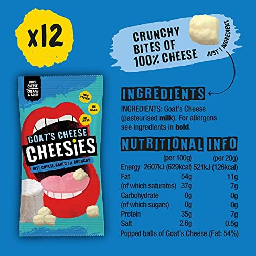CHEESIES Crunchy Snacking Cheese Keto Snack. Sugar Free, Gluten Free, No Carb, High Protein, Vegetarian (12 x 20g, Goat's Cheese)