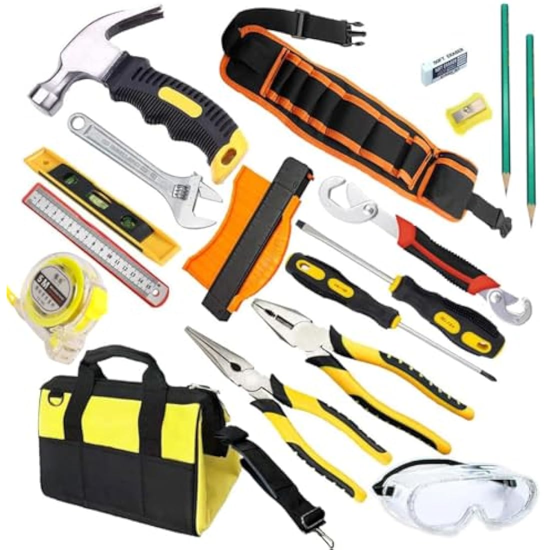 QeeHeng Real Kids Tool Set -Kids Tool kit for Starter with Hammer,Tool Belt,Safety Goggles, Pliers, Wrench,Screwdrivers & Bag,Children's DIY Play Tools for Boys /Girls /Beginner Learning Gift