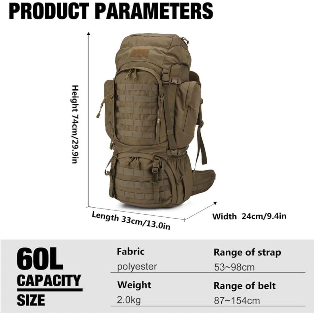 Mardingtop 60L Tactical backpack Military Rucksack MOLLE Camping and Hiking Backpack High Capacity with Rain Cover for Trekking Mountaineering Hunting Traveling