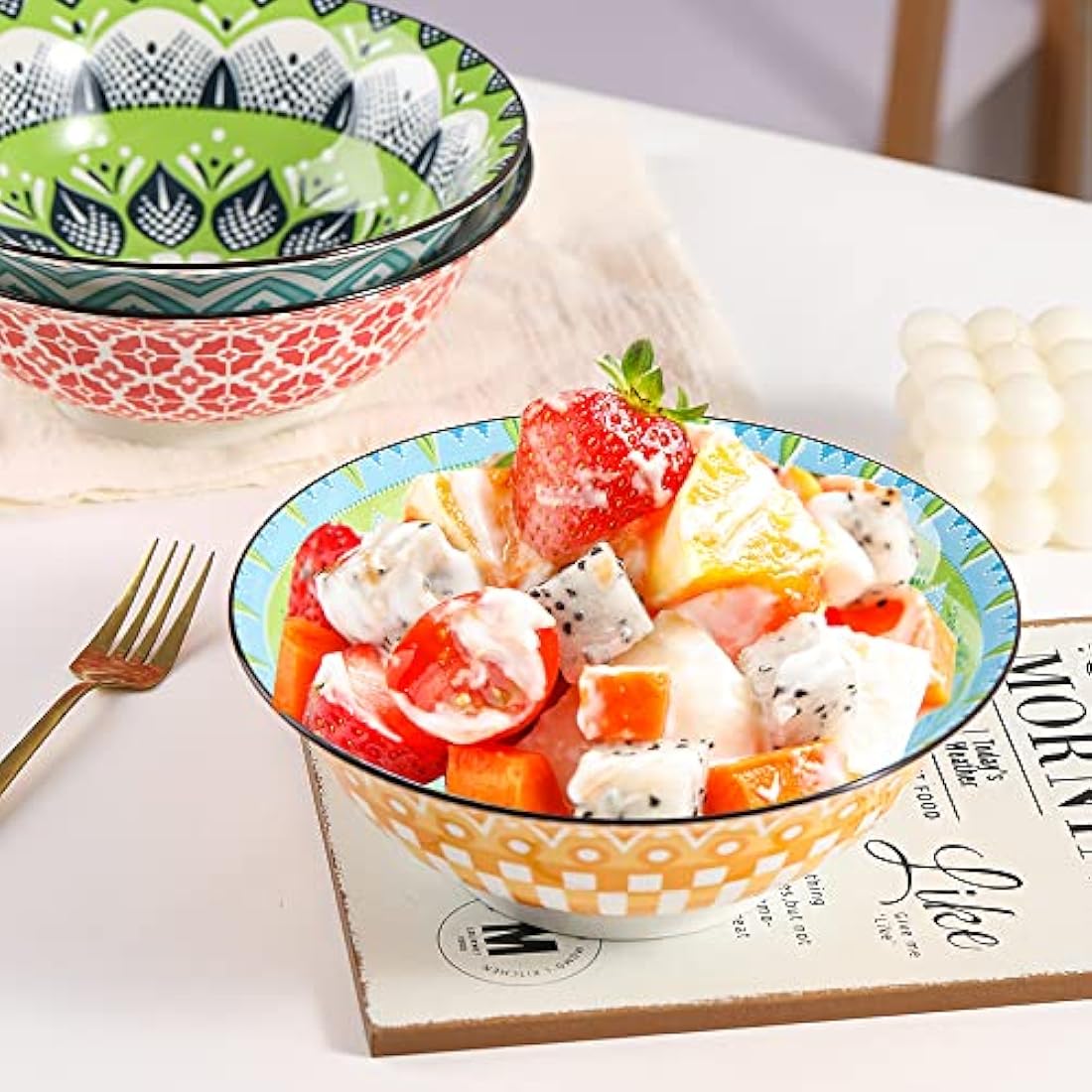 Ramen Bowl Set Pho Bowls- Porcelain Noodle Bowl Sets for Kitchen 35 oz - Colorful Ceramic Bowls for Serving Cereal | Miso Soup | Salad | Pasta | Noodles- Microwavable and Dishwasher Safe - Set of 3