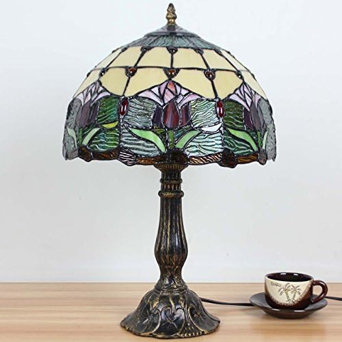 Bieye L30020 Tulip Flower Tiffany Style Stained Glass Table Lamp Night Light with 12 Inches Wide Handmade Lamp Shade Metal Base for Bedside Bedroom Living Room, 18 inches Tall, Red Green…