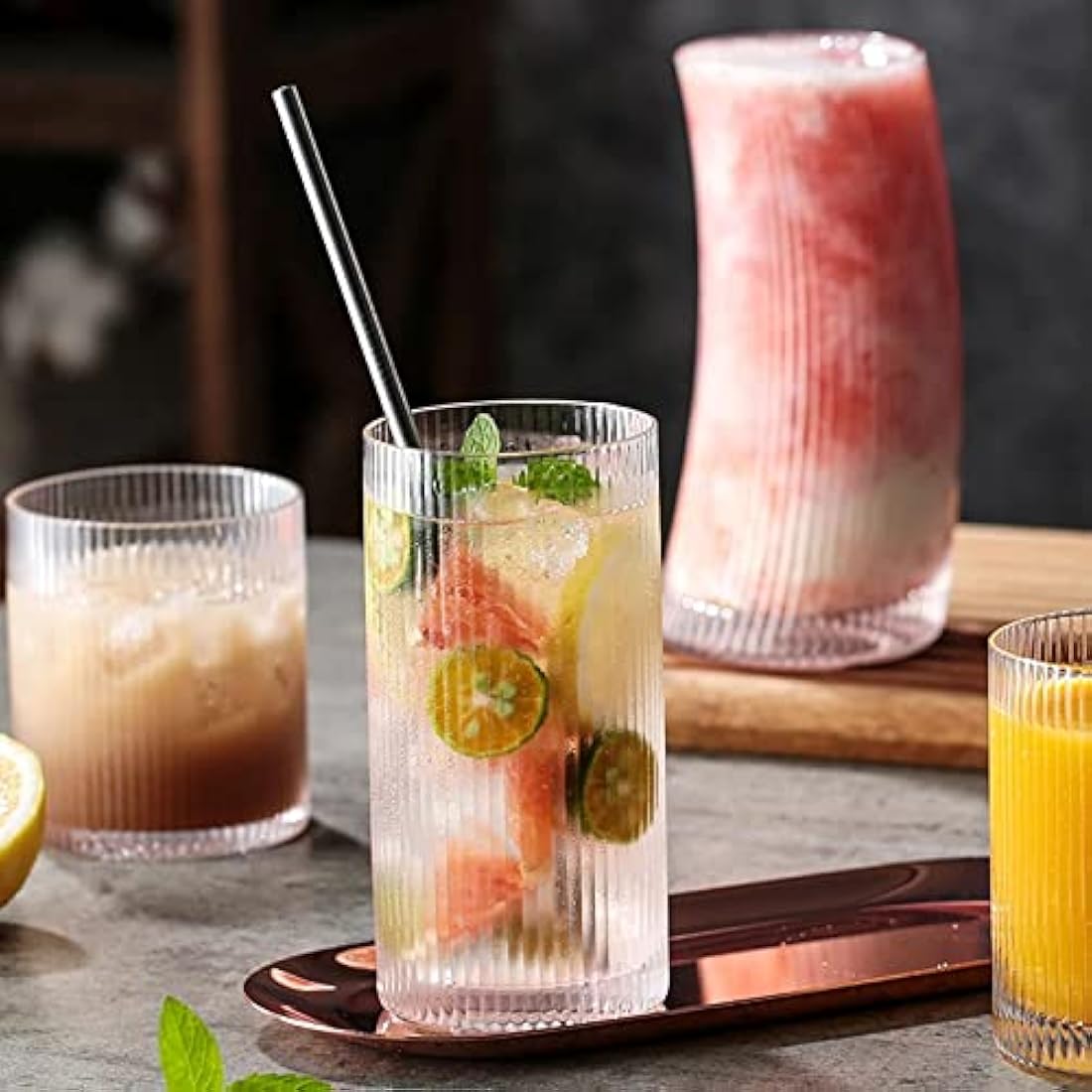 INSETLAN 370ml Drinking Glasses Set of 4,Vintage Ribbed Cup Glassware,Origami Style Transparent Cocktail Glasses Set, Bar Beverages Iced Coffee Cup Juice Ripple (L-370ML)