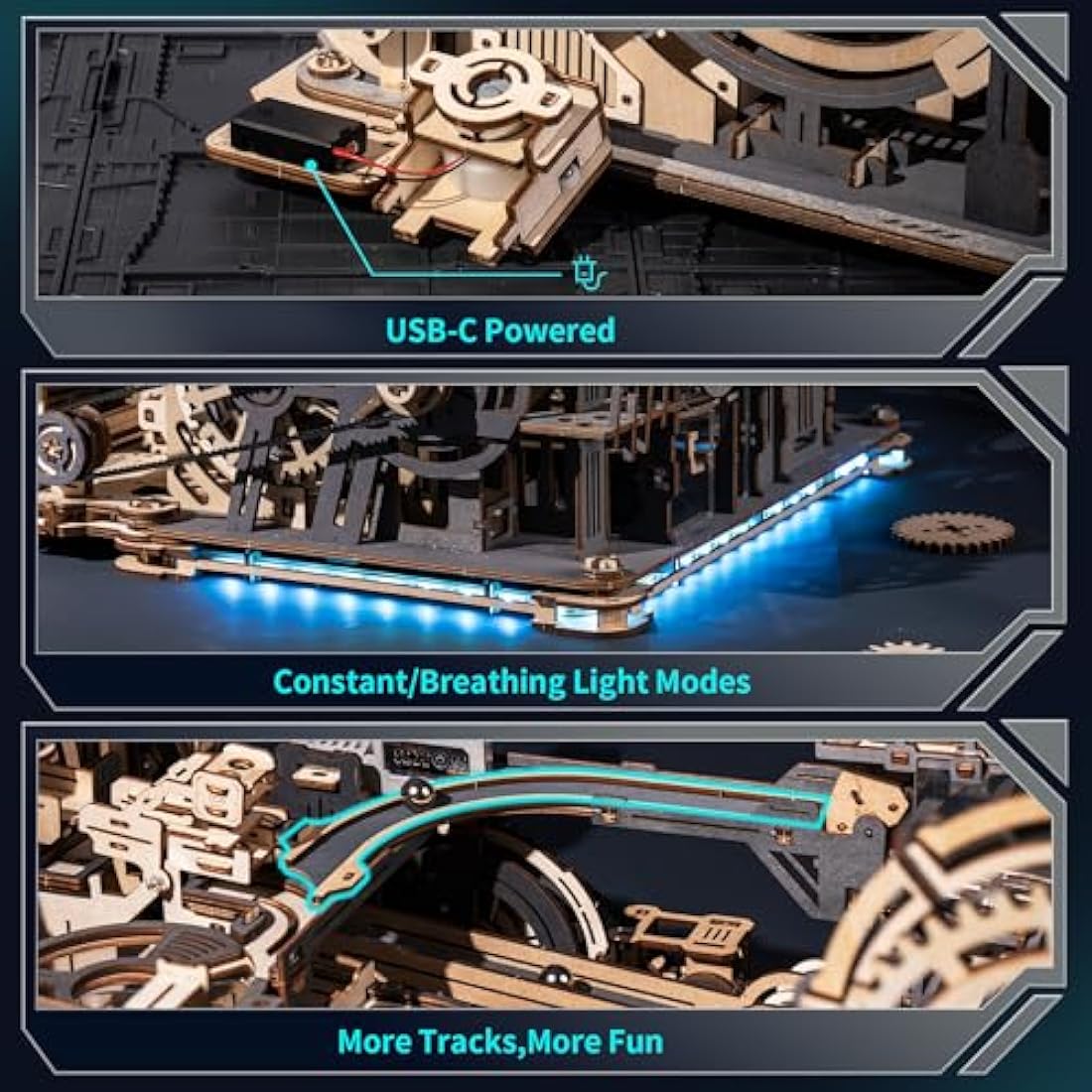 ROKR Marble Run Electric Combination Set 3D Wooden Puzzle Model Kits For Adults To Build Idea For Men Teens-Marble Spaceport & Night City & Link Pack