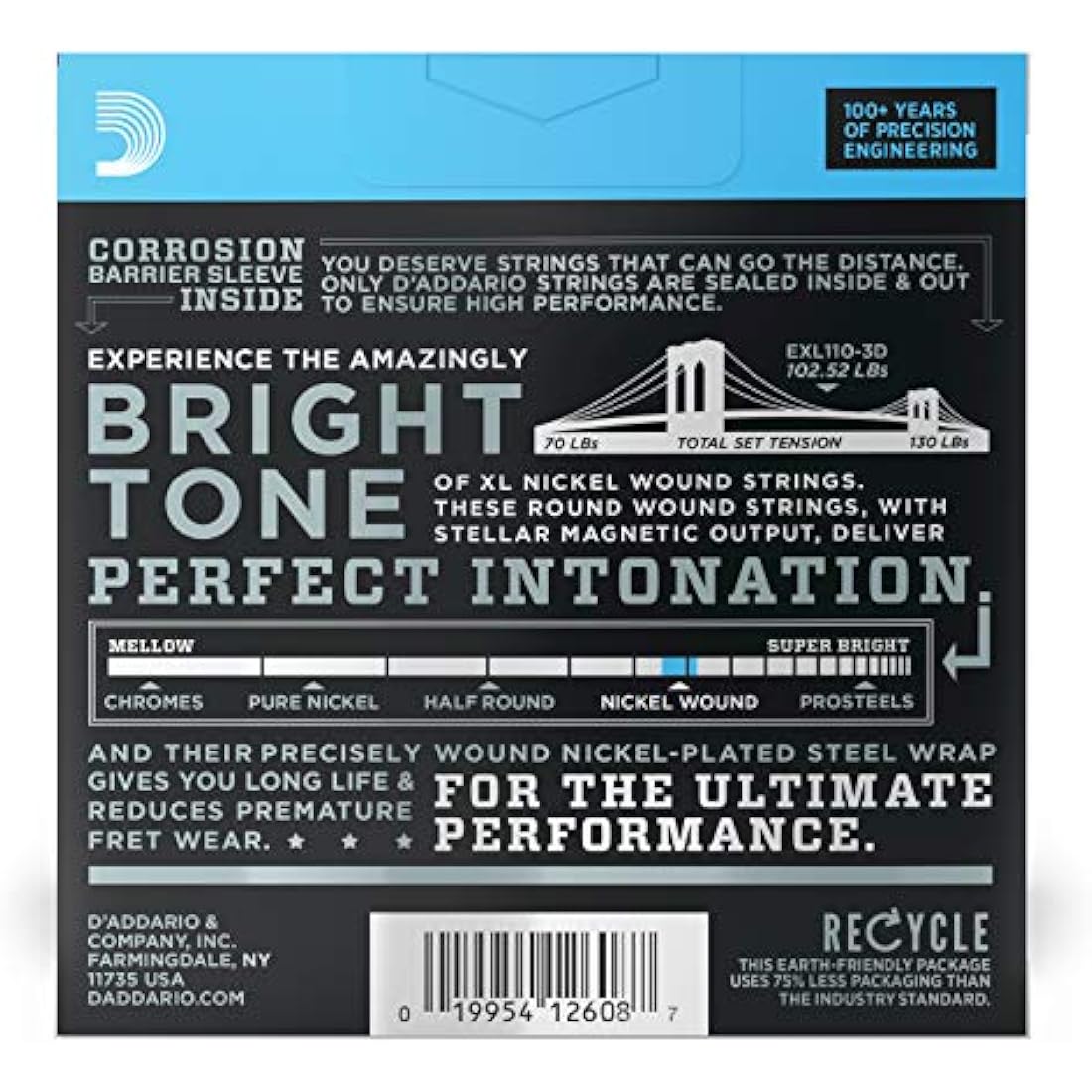 D'Addario XL Nickel Electric Guitar Strings - EXL110-3D - Perfect Intonation, Consistent Feel, Reliable Durability - For 6 String Guitars - 10-46 Regular Light, 3-Pack, Packaging May Vary