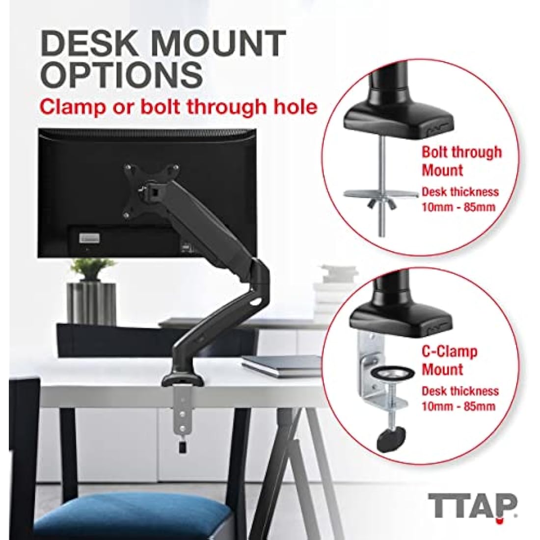 TTAP Single Gas Spring Monitor Arm Desk Mount Height Adjustable Fits 17” to 32" Monitors Maximum 9KG weight with VESA 75x75 and 100x100mm Clamp and Grommet Base Full Motion Monitor Mount