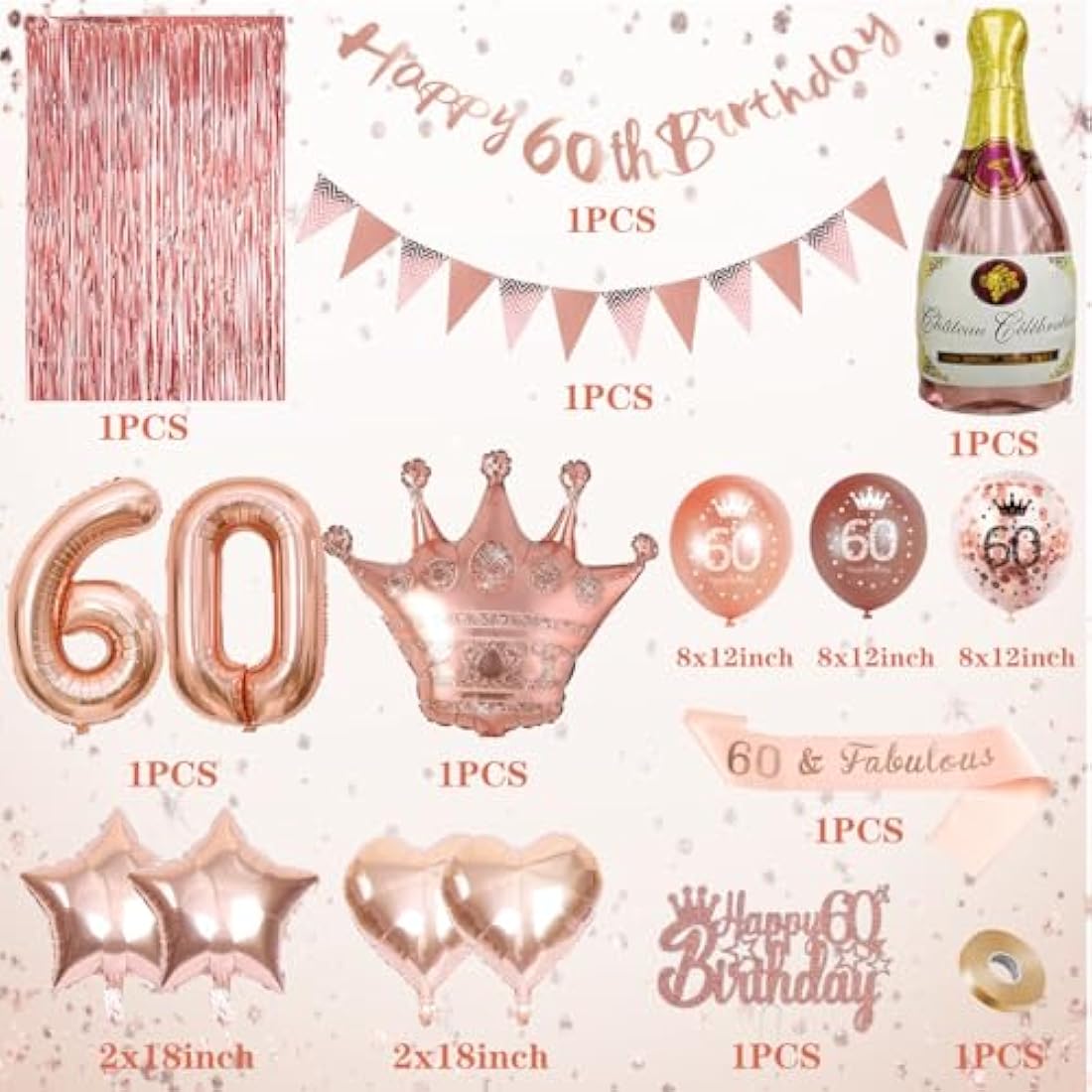 Rose Gold 60th Birthday Party Decorations Set With Balloons, Banner and Triangle Flag