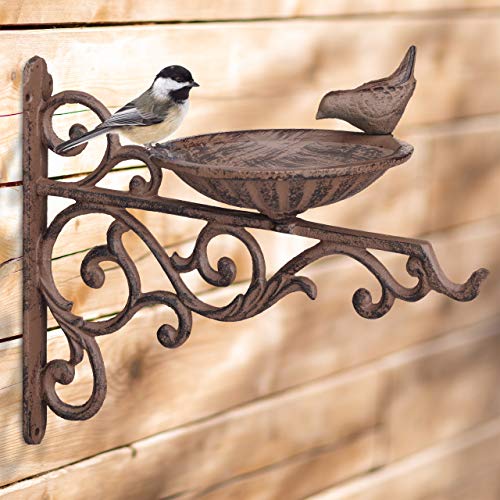Relaxdays Cast Iron Bird Bath, Wall-Mount, Weatherproof, Stainless, Wild Bird, Garden Decor, HxWxD 24 x 28 x 14cm, Brown