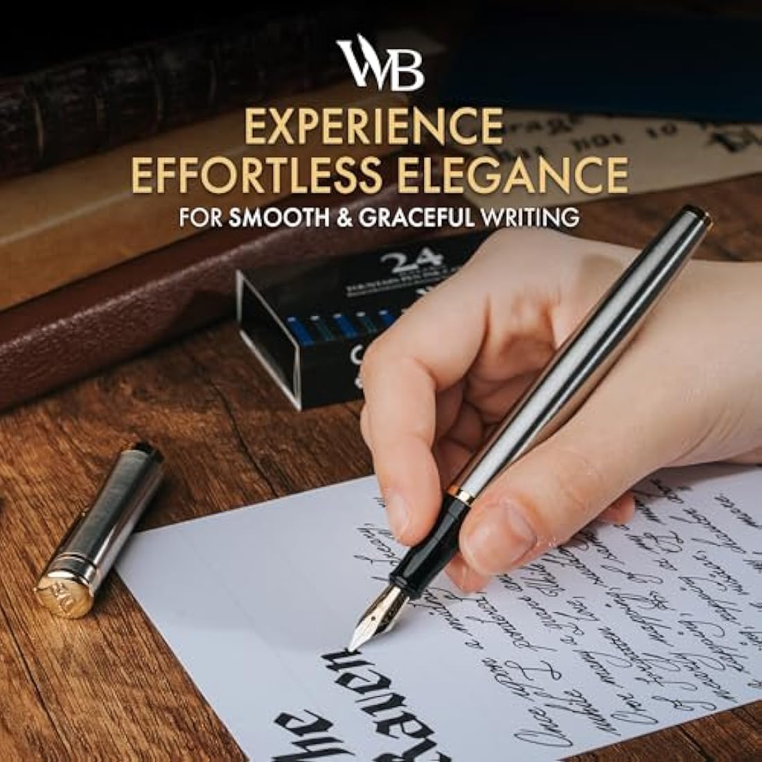 Wordsworth & Black Fountain Pen Set, 18K Gilded Broad Nib, Includes 24 Pack Ink Cartridges, Ink Refill Converter & Gift Box, Gold Finish, Calligraphy, [Silver Gold], Perfect for Men & Women
