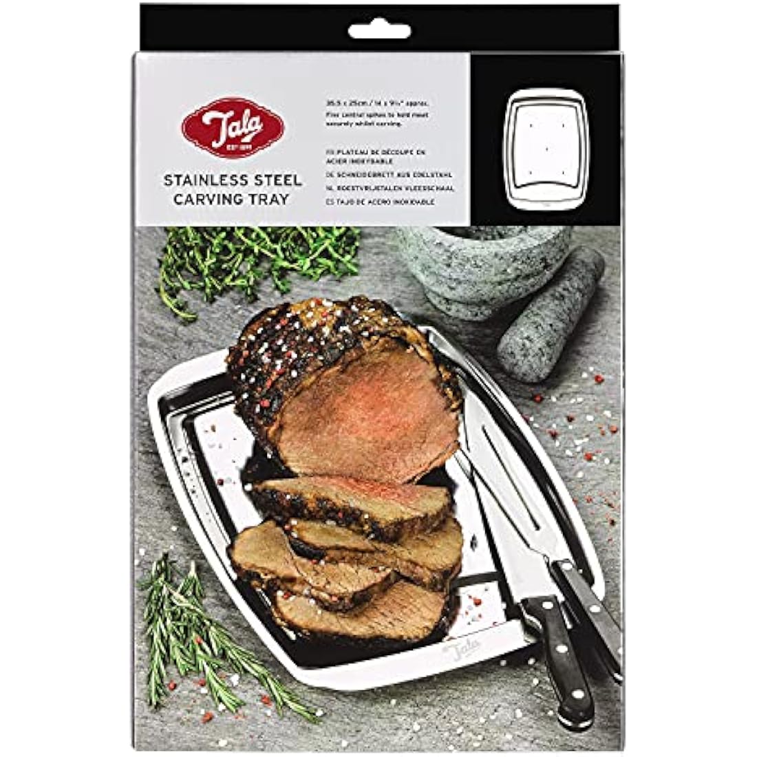 Tala Performance Stainless Steel Carving Tray, with 5 Spikes to Hold Meat Whilst Carving, 35.5cm x 25 cm