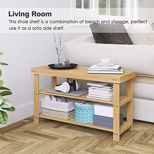 SMIBUY Bamboo Shoe Rack Bench, 3-Tier Shoe Organizer Storage Shelf for Entryway Hallway Bathroom Living Room (Natural)