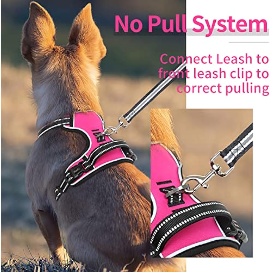 HEELE Dog Harness, Reflective Anti-Pull, Control, 2 Metal Rings, XL, Pink Red