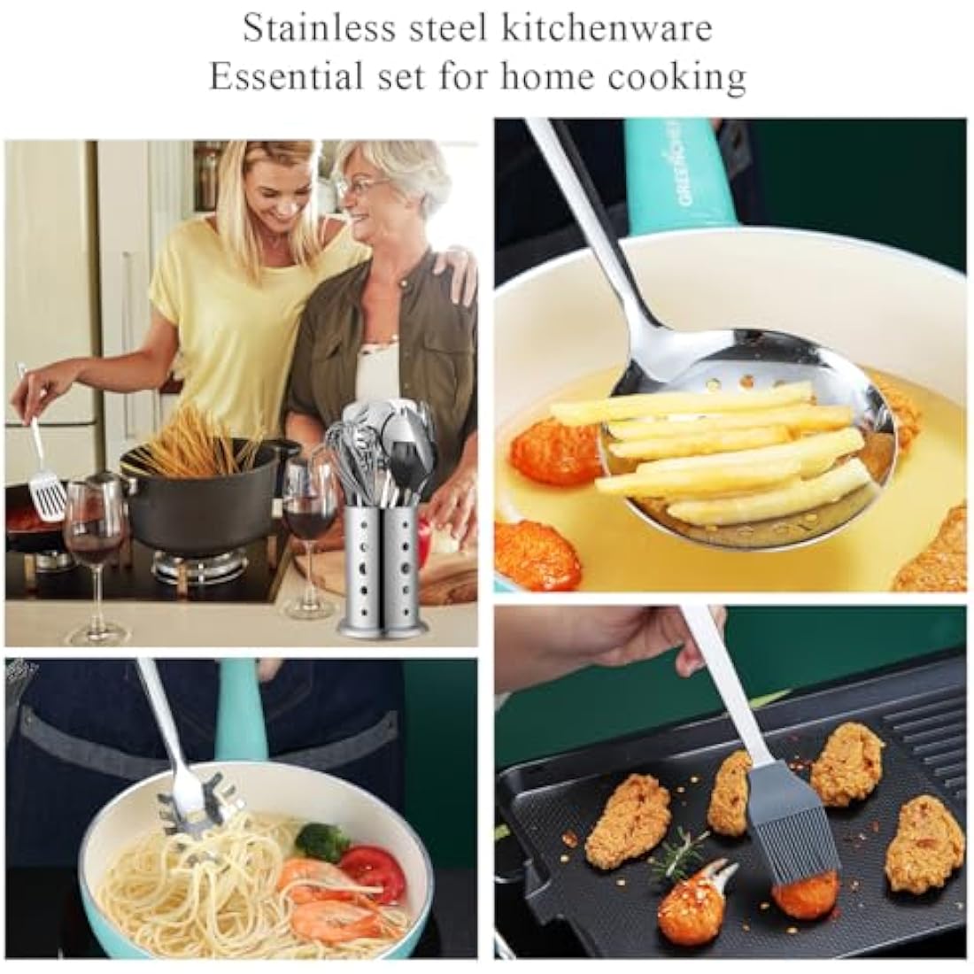 ReaNea Stainless Steel Kitchen Utensils Set 40 Pieces, Cooking Utensil Set with Utensils Holder, Kitchen Gadgets Kitchen Essentials New Home, House, Appartment Must Have, Metal Spatula Set