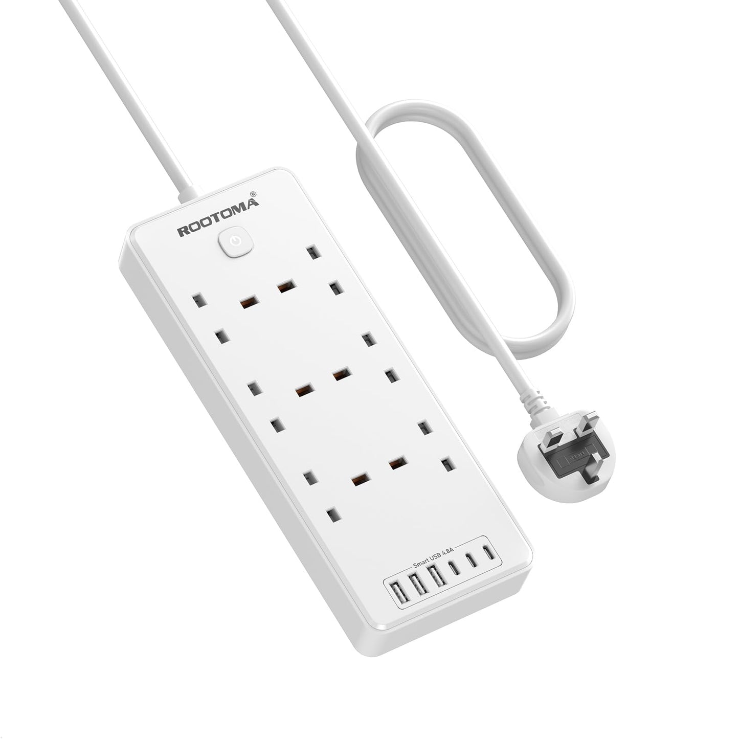 Extension Lead with 6 USB Slots (3 USB C), 6 Way Surge Protection Extension Sockets 2M with Switch, Wall Mounted Multi Plug Power Strip for Home