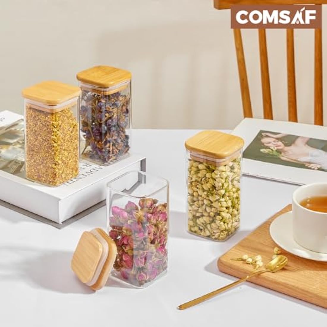 ComSaf 16Pcs Glass Spice Jars with Bamboo Lid, 10oz/300ml Airtight Square Containers with 275 Black Lables, Empty Seasoning Jars for Spice Salt Sugar