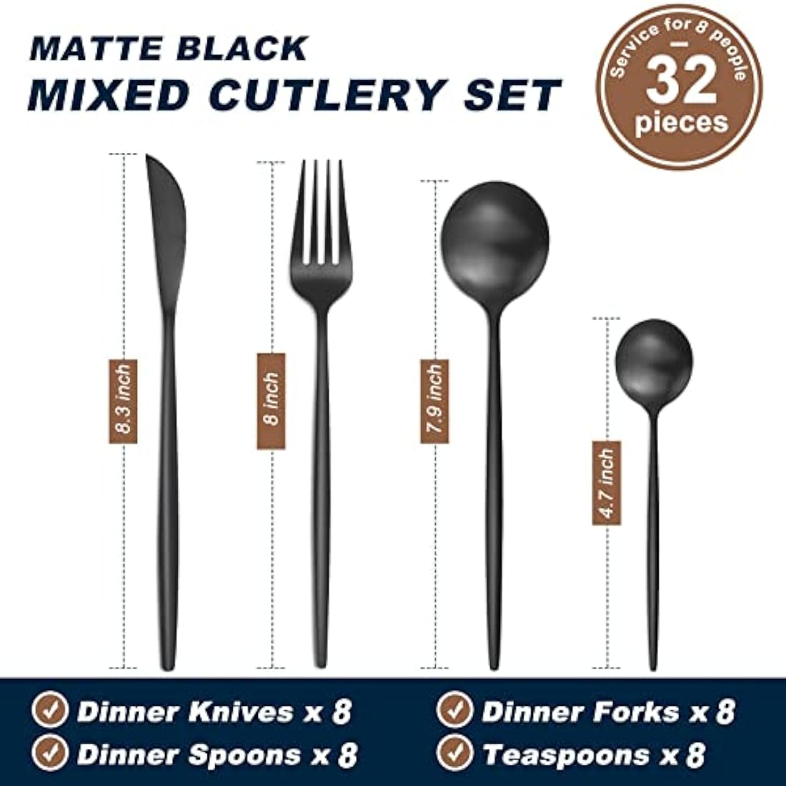Matte Black Cutlery Sets 32 Pieces, Bestdin Elegant Stainless Steel Cutlery Set 32 Pieces, Kitchen Cutlery Set for 8, Suitable for Home/Party/Restaurant, Black Titanium Coating and Dishwasher Safe