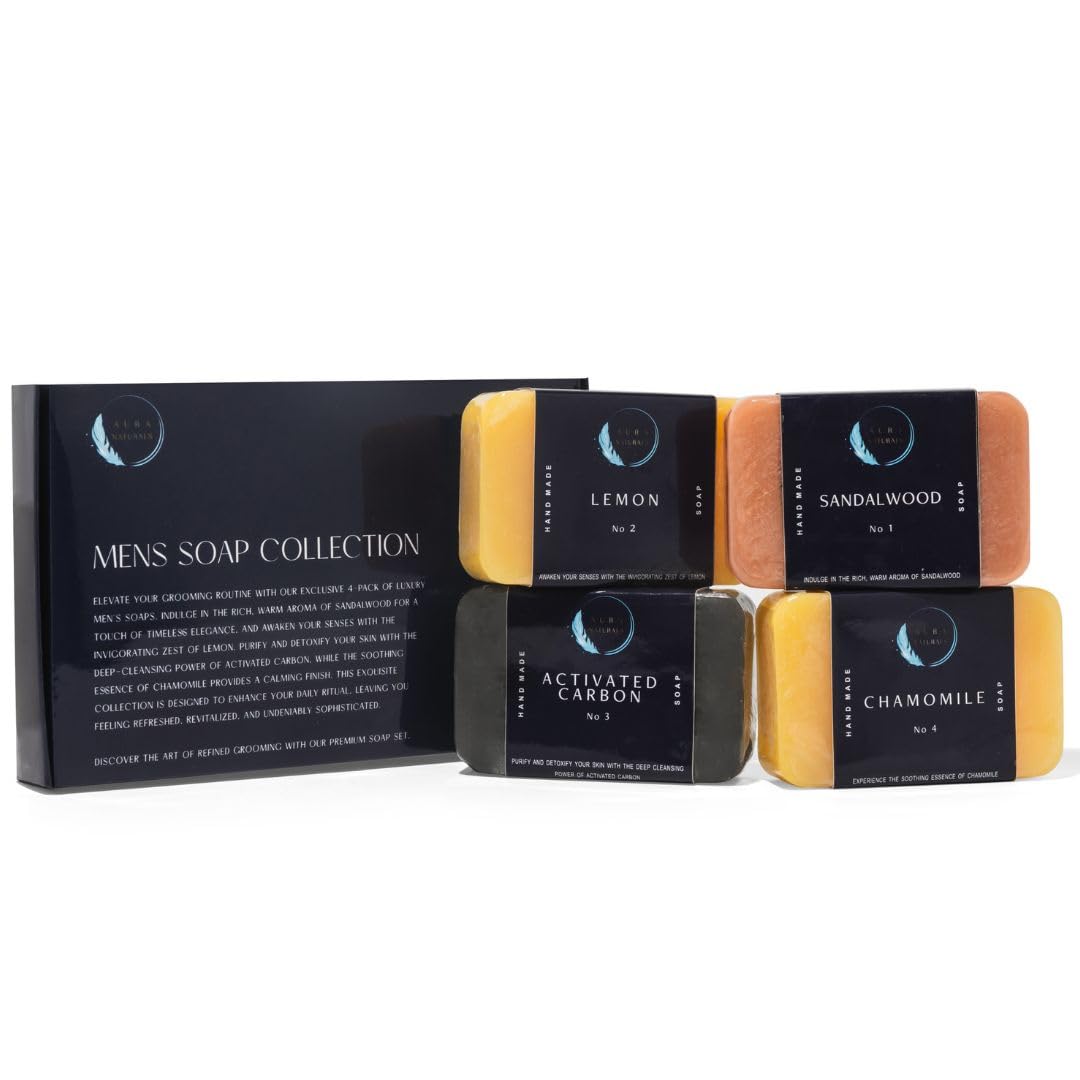 Aura Naturals Mens Soap Bar Pack of 4 - Sandalwood, Lemon, Activated Carbon & Chamomile Scented Men Soap Bar - 150g Exfoliating Soap for Men, Natural