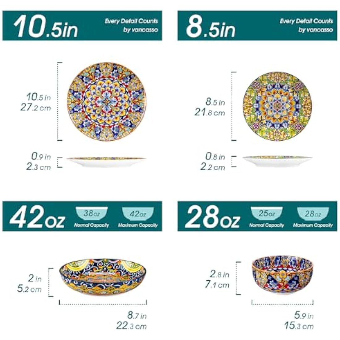 vancasso SIMI Dinner Set- 24 Pieces for 6 People, Porcelain Plates and Bowls Set, Bohemian Style Dinnerware Sets, Scratch Resistant Dinner Service Set, Dishwasher and Microwave Safe
