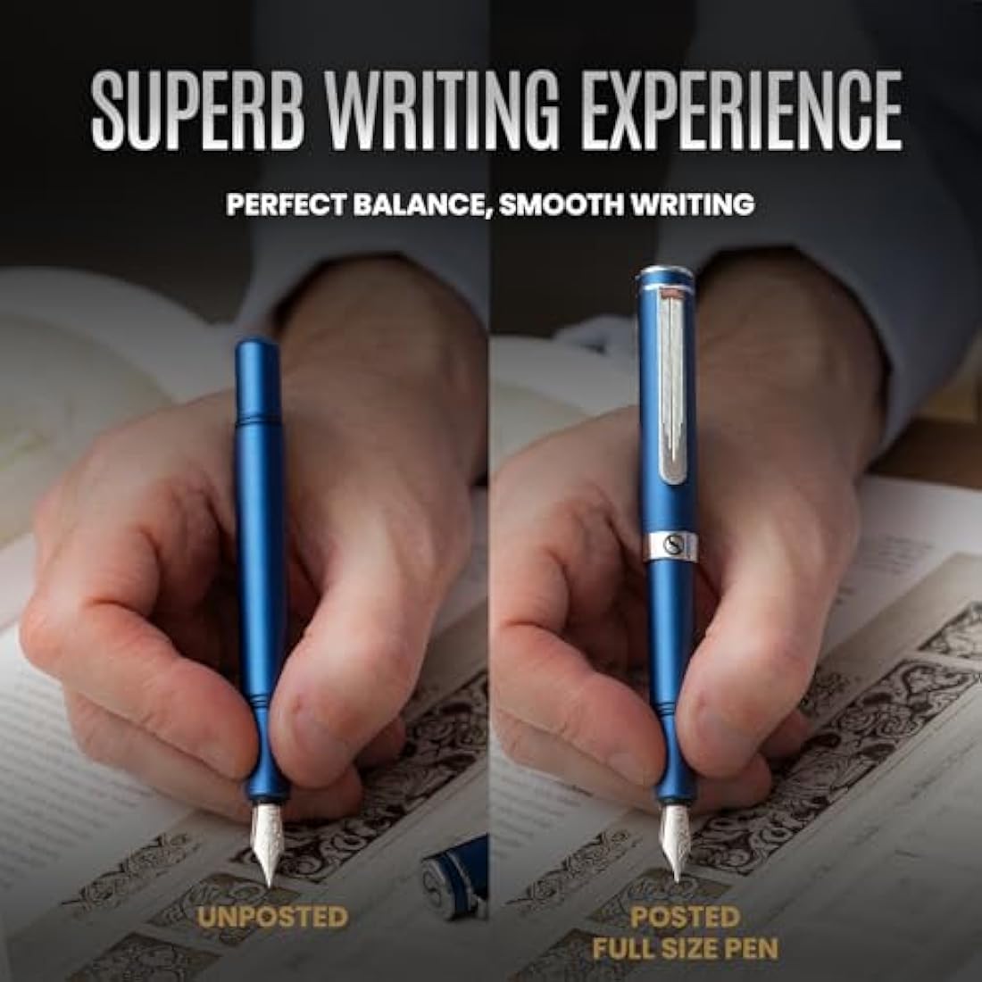 Scriveiner Luxury EDC Fountain Pen (Medium), Stunning Matt Blue Pocket Pen, Chrome Finish, Schmidt German Nib, Converter, Best Writing Pen Gift Set for Men & Women, Nice Fancy Office Designer Pen
