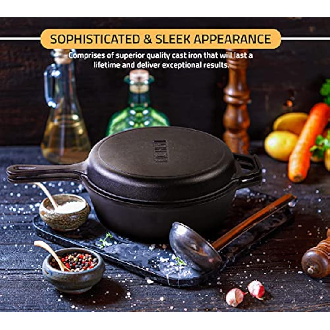 KICHLY 3.0L,3.2 Quart Pre Seasoned Cast Iron Combo Cooker Dutch Oven with Lid, 10.25 Inch, 26 cm Dual Function Skillet Pot with lid, Cast Iron Casserole Dish with Lid