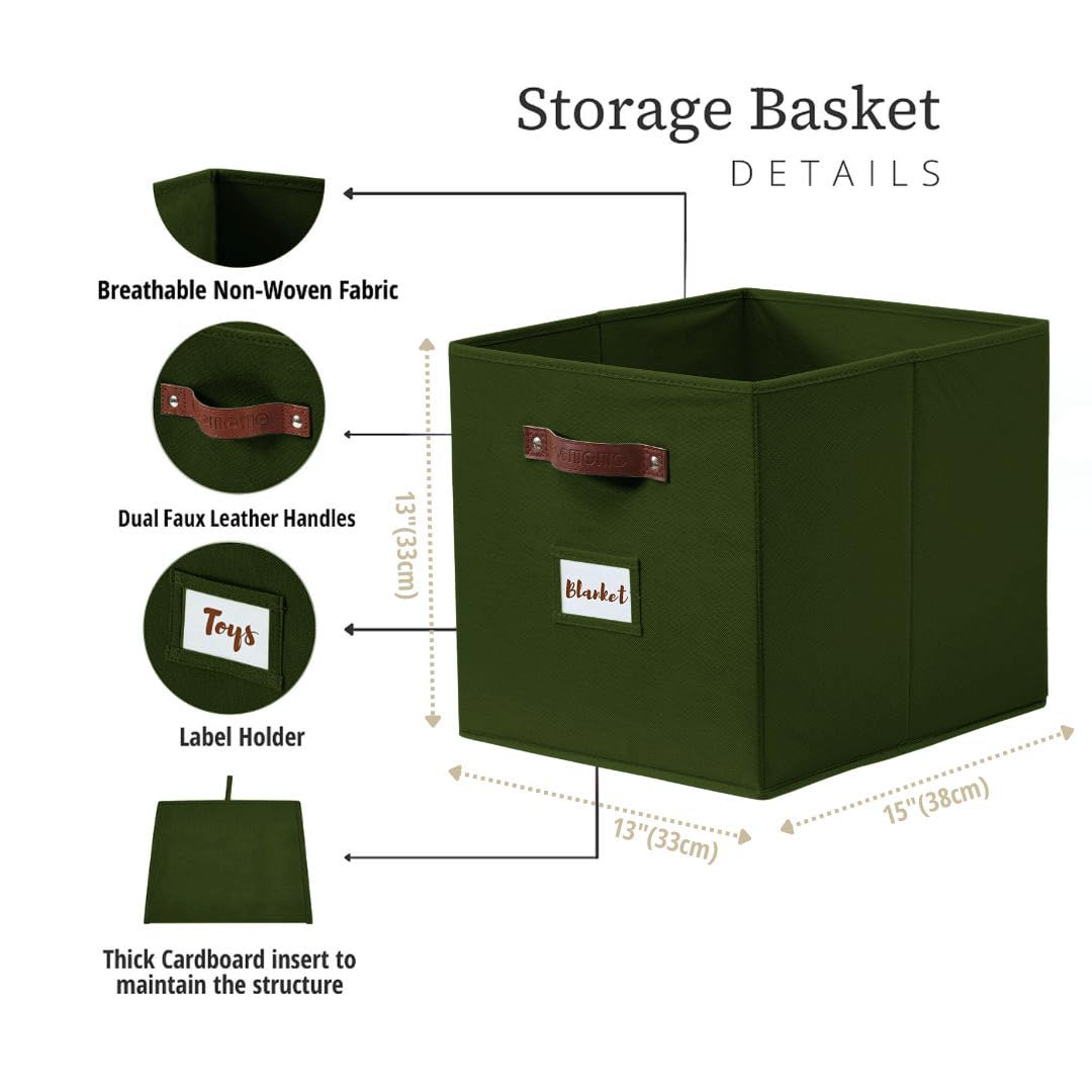 DECOMOMO Storage Baskets, 13x15x13 Storage Cube Bins with Labels for Organizing Shelves Kallax (Kallax / 4pcs, Olive Green)
