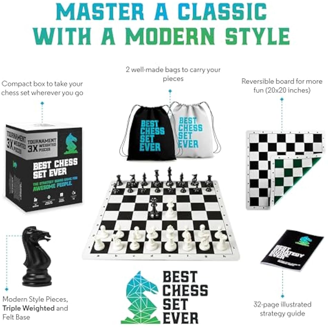 Best Chess Set Ever 3X Tournament Chess Set with Staunton Triple Weighted Pieces (10.3 cm King) for Adults & Kids – Foldable Roll-up Double-Sided 50x50 cm Silicone Board Mat, Ideal for gifting