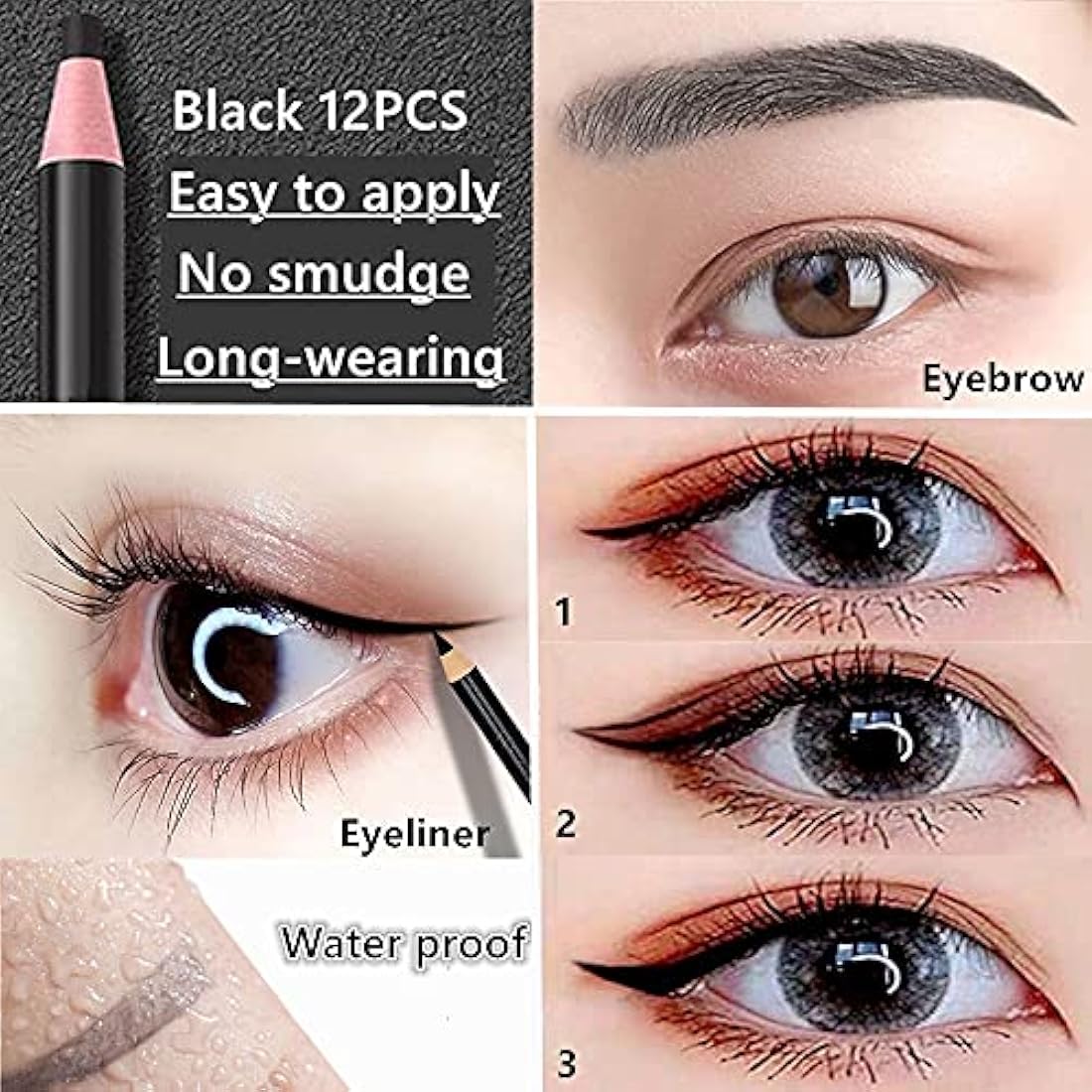 Go Ho 12 PCS Black Eyebrow Eyeliner Pencil Set, Waterproof Eyebrow Pencil,Long-lasting Sweat-proof Eyeliner Makeup Brow Tint Pen（Black）