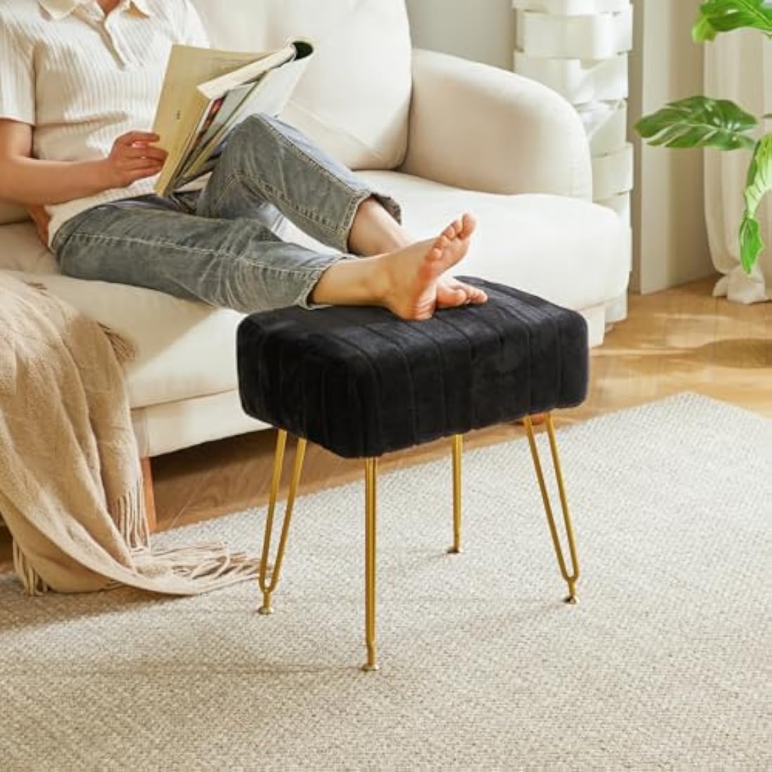IBUYKE Velvet Rectangular Footrest Ottoman, Makeup Vanity Stool Side Table, Dressing Table Seat, Pouf Couch Stool, Golden Steel Legs, Black L/G-51B