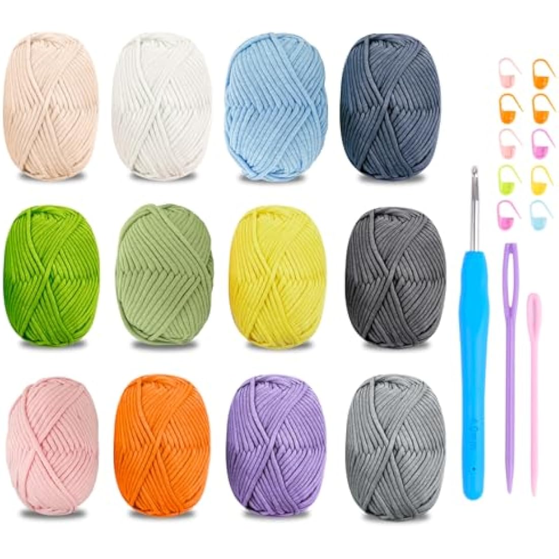 Chunky Cotton Yarn for Crochet, 12x50g Thick Wool for Amigurumi, Easy Crochet Starter Kit with 4mm Hook, Green