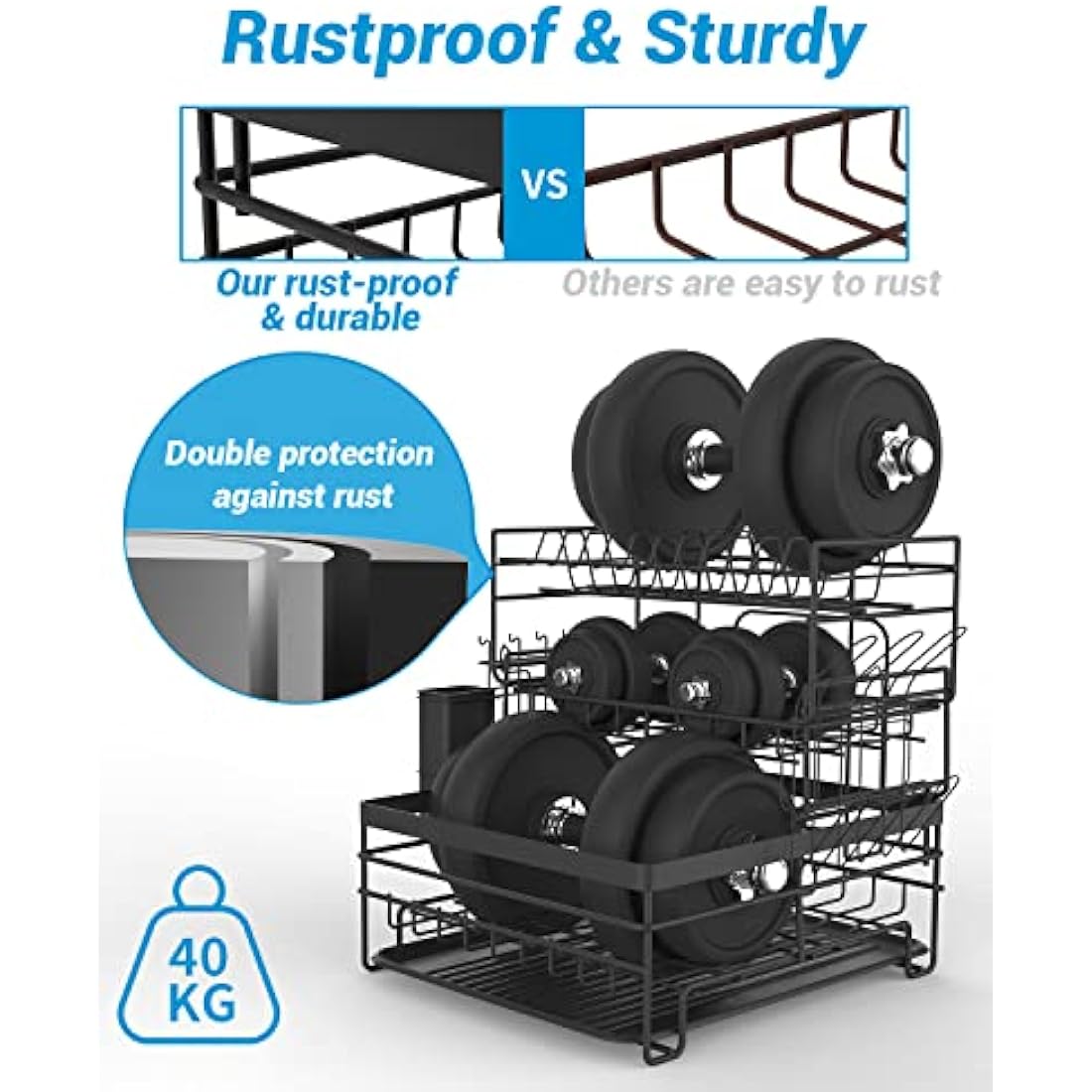 TONGKTAI Dish Drainer Rack, 3 Tier Drain Board Rack with Drip Tray, Detachable Stainless Steel Dish Drying Rack for Kitchen Countertop or Sink, Black