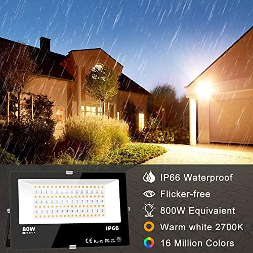 Lighting master LED Floodlight 80W Equivalent 8000LM, Smart RGB Flood Lights Outdoor with APP Control, Colour Changing + Warm White, Timing - Scene - Garden Lighting, IP66, UK Plug（2 Packs