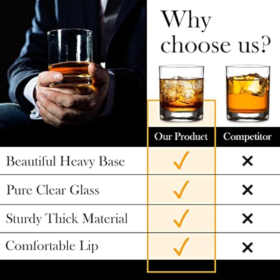 CRYSTALIA Luxury Whiskey Glasses Set of 6, 100% 305ml Heavy Base Tumbler Glasses, Old Fashioned, Bar Drinking Glasses for Whiskey and Irish Whisky