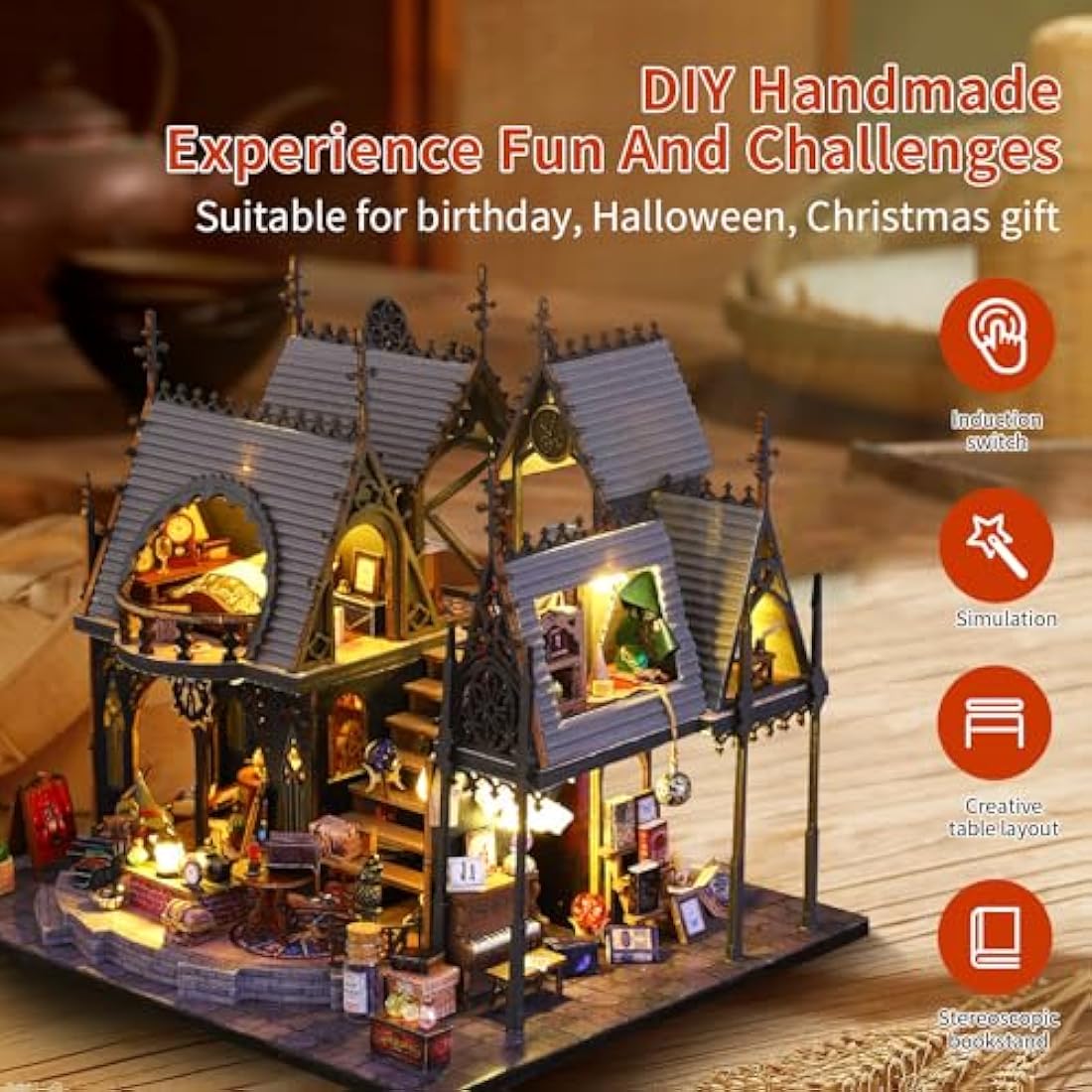 CRIOLPO DIY Doll Miniature House Kit, Book Nook Kit Doll house Miniature with Furniture DIY Wooden Crafts Mini Handmade Kit 3D Wooden Puzzle with Sensor Led Light (Luna's Magic House)
