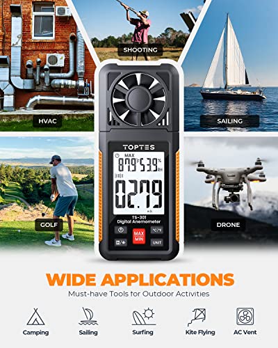 TopTes TS-301 Anemometer Wind Speed Meter, 2.26-Inch Display Wind Meter with Backlight, Max/Min/Average - Orange
