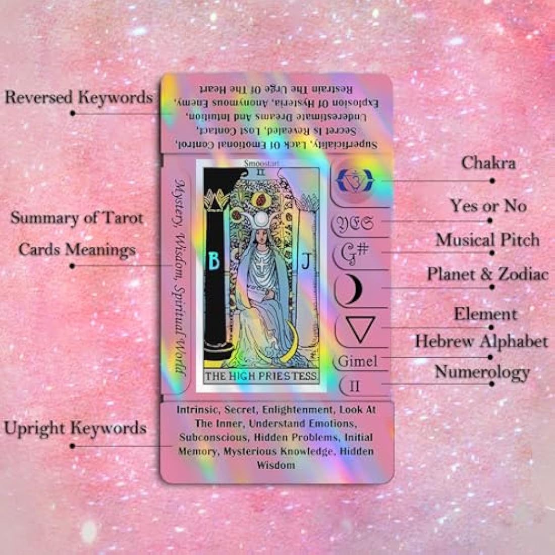 Smoostart Pink Holographic Tarot Cards with Meanings, Tarot Cards Deck with Guidebook for Beginners, Keywords, Element, Planet, Zodiac, Chakra, Yes or No, Musical Pitch, Numerology, Hebrew Alphabet