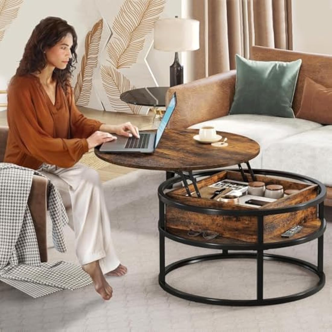 YITAHOME Round Lift Top Coffee Table, Coffee Tables for Living Room with Hidden Storage Compartment, Modern Coffee Table with Storage for Home Office,Round Center Tables Living Room (Brown)